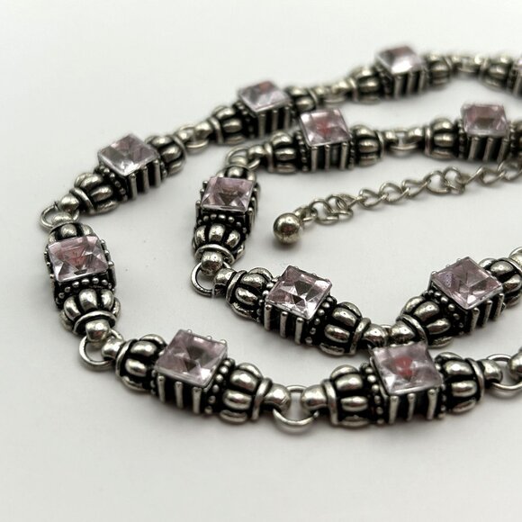 Pink Faceted Princess Cut Glass Stone Ornate Silver Tone Necklace 16-18” - Picture 1 of 11